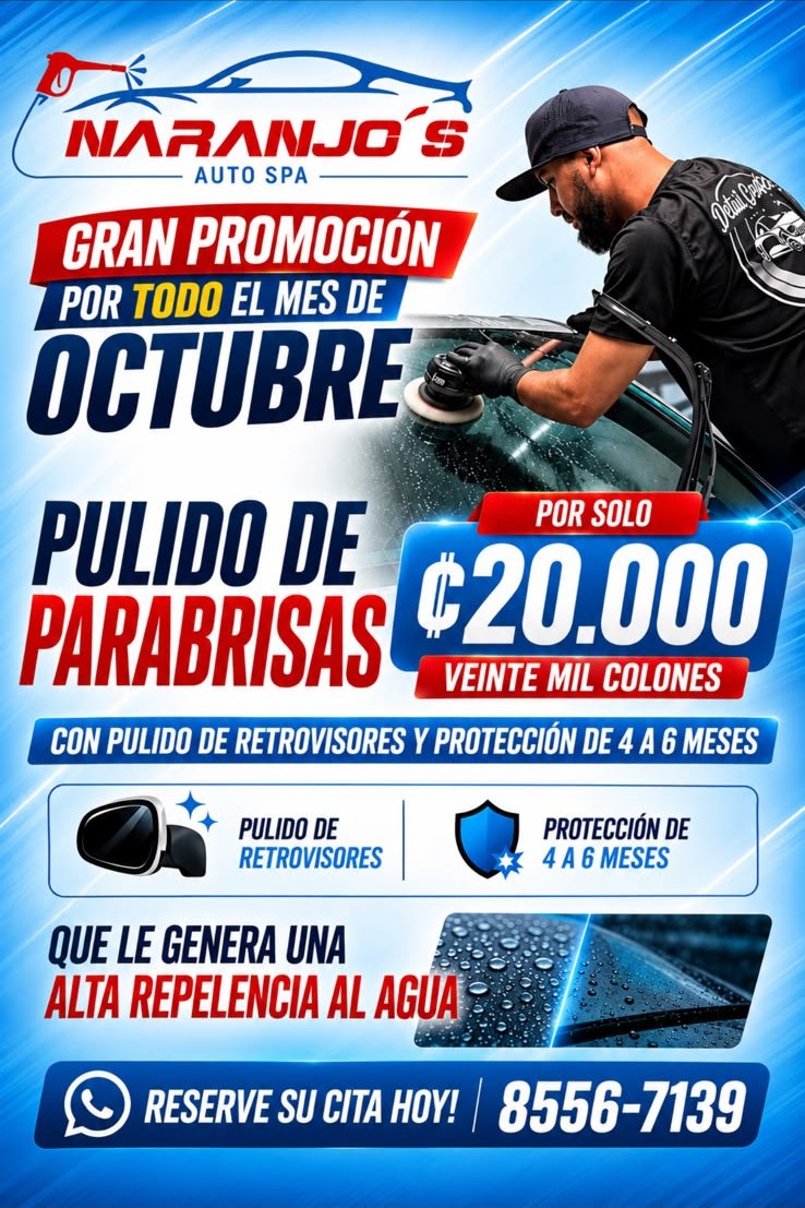 Promoción de octubre: pulido de parabrisas con retrovisores y protección de 4 a 6 meses por ₡20.000
