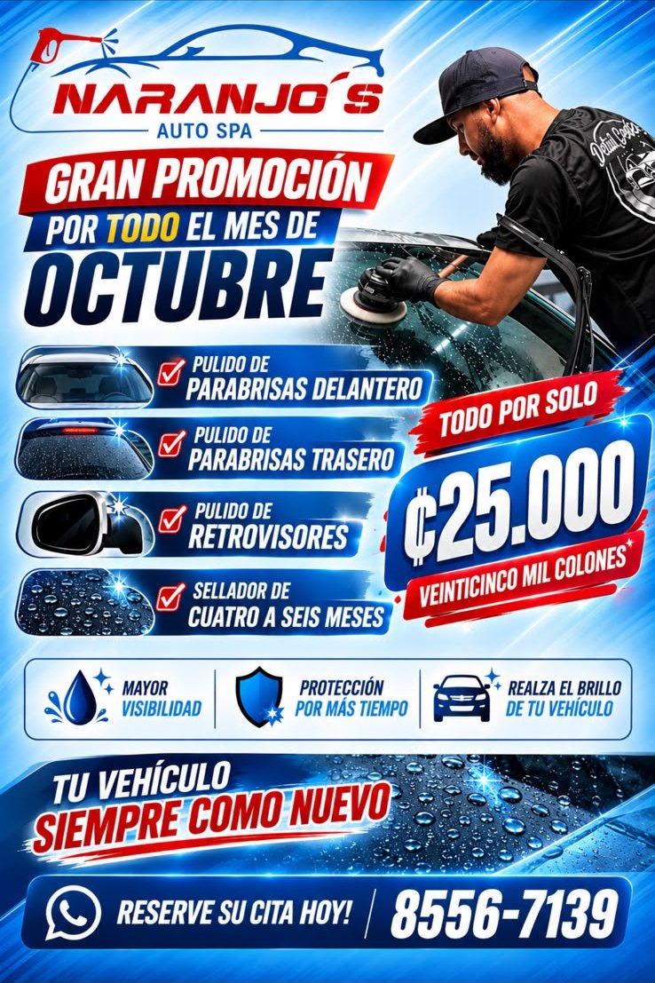 Promoción de octubre: pulido de parabrisas delantero y trasero, retrovisores y sellador por ₡25.000
